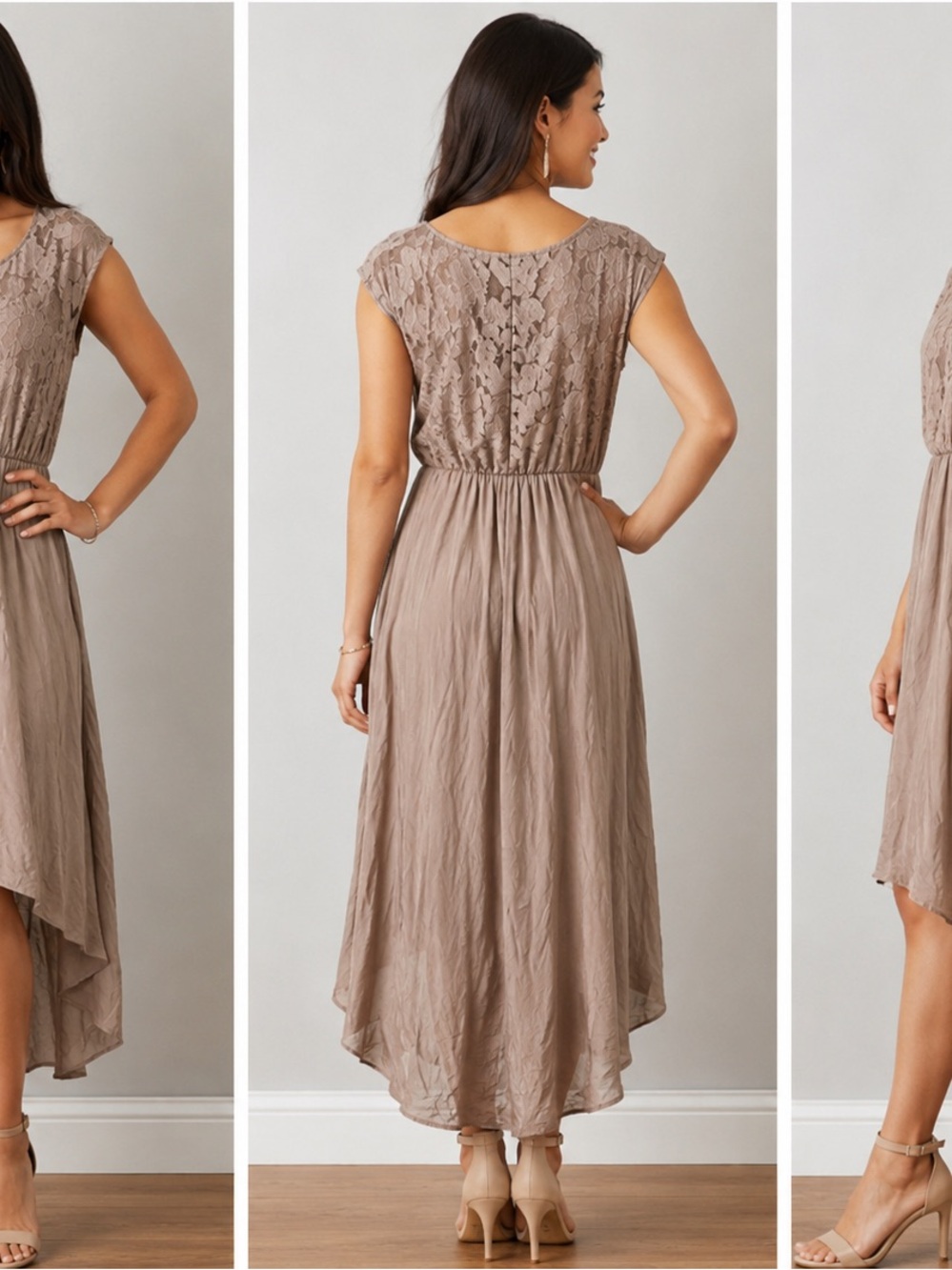 Sofia Made in Italy Taupe Lace High-Low Midi Dress Women’s Size L - Picture 3 of 3
